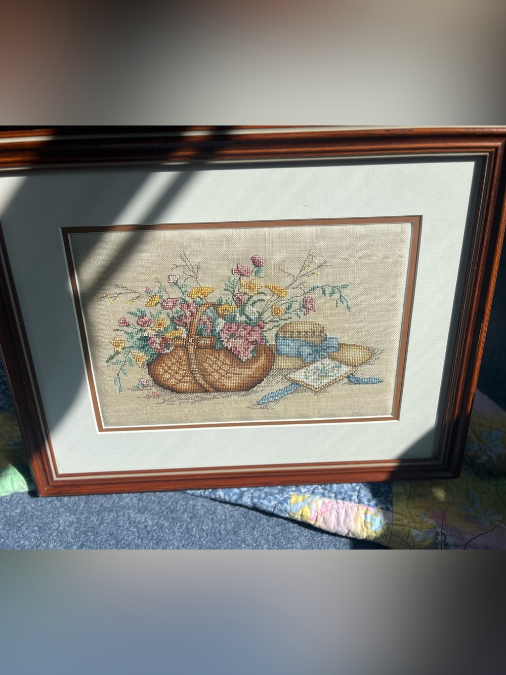 Framed Vintage petit Cross-Stitch Floral Basket Artwork with Blue Ribbon